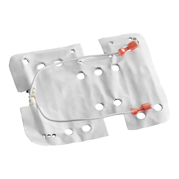 A white plastic bag with holes and a wire attached to it.