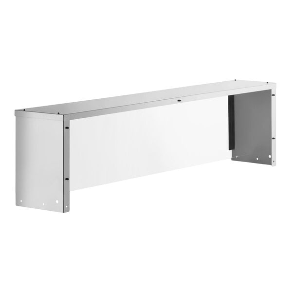 An Avantco 57-inch stainless steel overshelf with an integrated sneeze guard designed for select Avantco units.