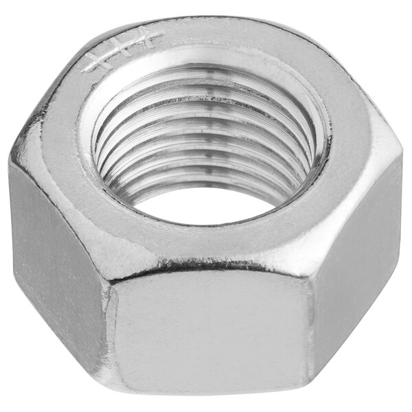 A close up of a stainless steel hex nut.