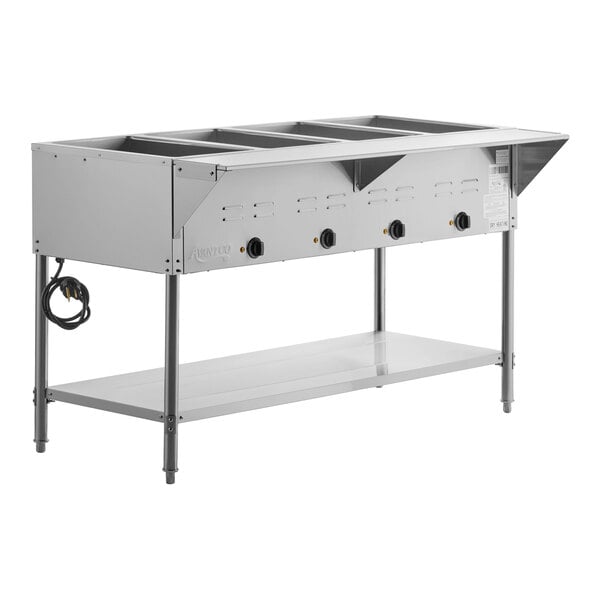 A four-pan open well electric steam table with an undershelf, designed for commercial food service use.