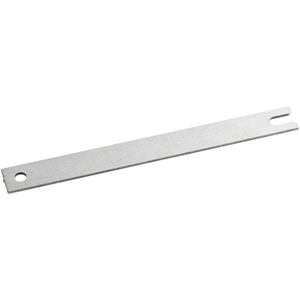 A silver metal torsion spring with holes.