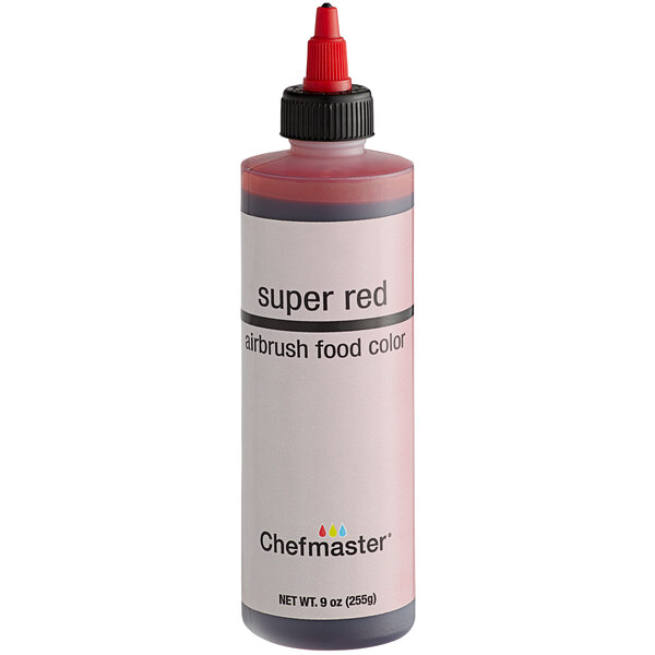 A bottle of Chefmaster Super Red liquid food coloring.
