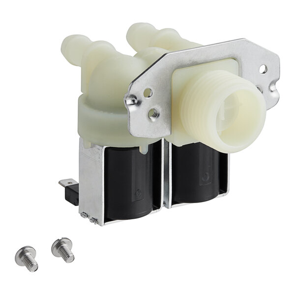 A white plastic solenoid valve with black plastic and metal parts and two screws.