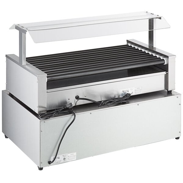 An Avantco hot dog roller grill with a clear lid on top.