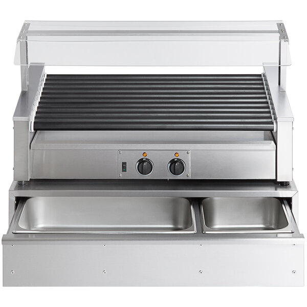 An Avantco stainless steel hot dog roller with two bun warmers.