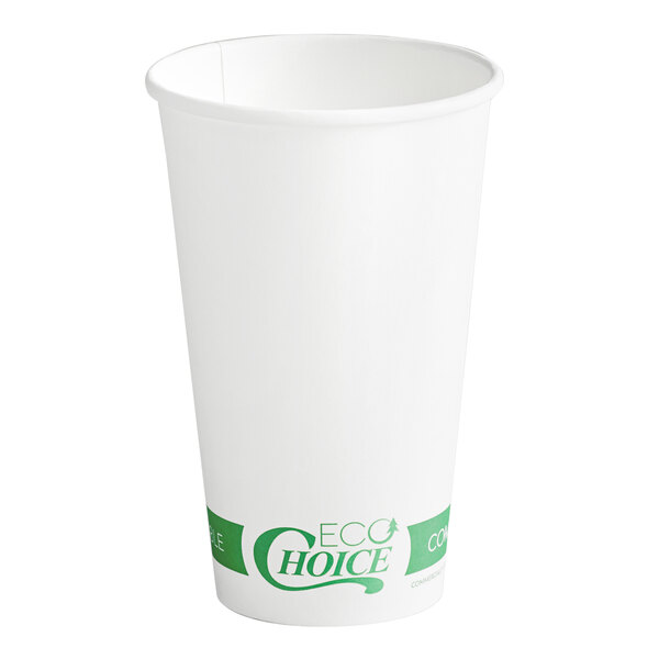 A white EcoChoice paper hot cup with green text.
