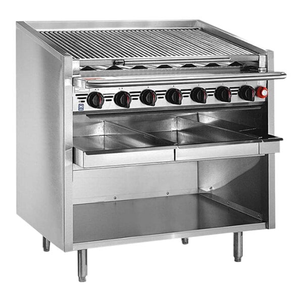 A Bakers Pride stainless steel floor model charbroiler with four burners.