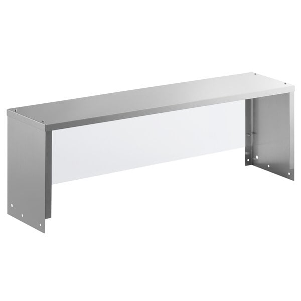 A stainless steel rectangular overshelf with a metal frame and glass top.