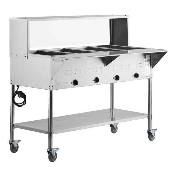 A four-pan open well mobile electric steam table with an undershelf and a 57-inch overshelf with sneeze guard.