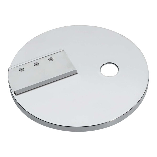 A silver circular Waring French fry disc with holes in the center.