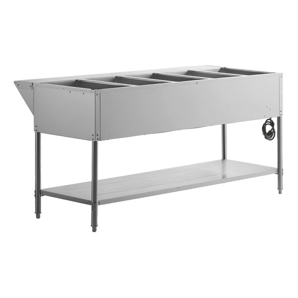 A five-pan open well electric steam table with an undershelf, designed for commercial food service use.