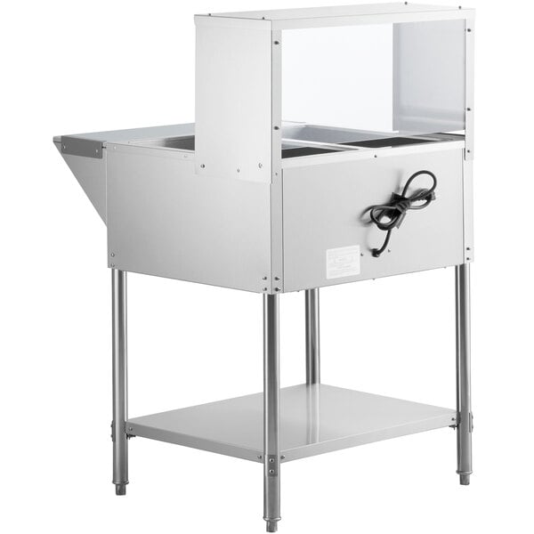 An Avantco electric steam table with a glass sneeze guard.