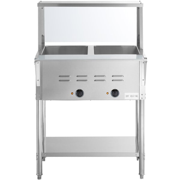 An Avantco stainless steel food warmer with sneeze guard and undershelf.