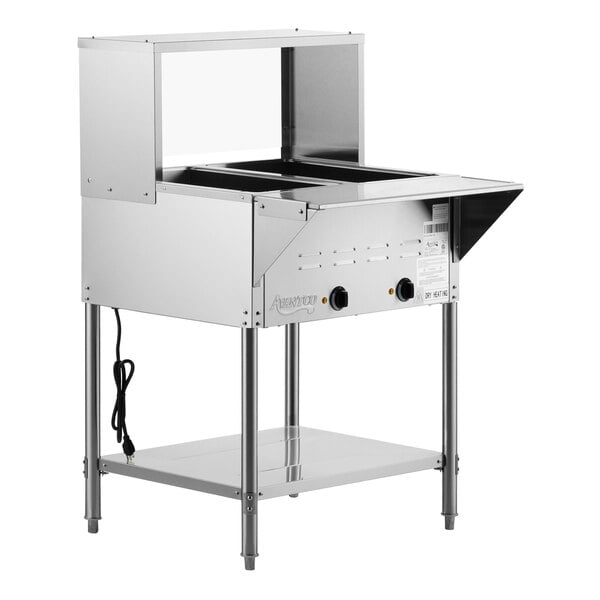 A stainless steel two-pan electric steam table with an undershelf, overshelf, and sneeze guard.