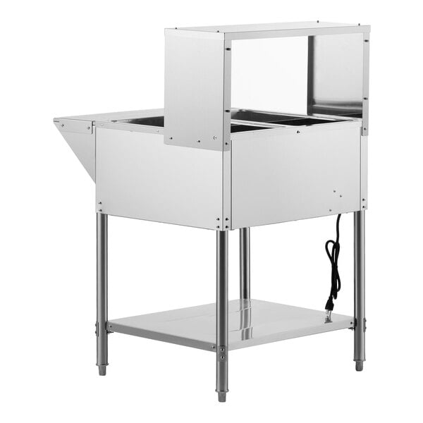 A stainless steel two-pan open well electric steam table with an undershelf, overshelf, and sneeze guard.
