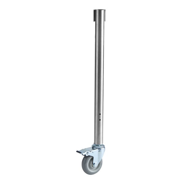 A metal table leg with an attached locking caster wheel designed for use with Avantco 177STE steam tables.
