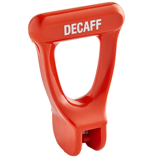 A red Bunn faucet handle with white decaf text.