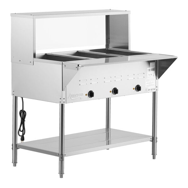 Avantco STE-3SG Three Pan Open Well Electric Steam Table with Undershelf, Overshelf, and Sneeze Guard - 120V, 1500W