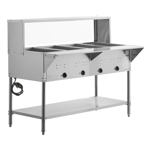 Avantco STE-4SGA Four Pan Open Well Electric Steam Table with Undershelf, Overshelf, and Sneeze Guard - 120V, 2000W