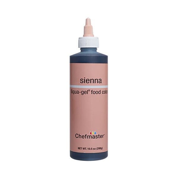A close-up of a bottle of Chefmaster Sienna Liqua-Gel Food Coloring.