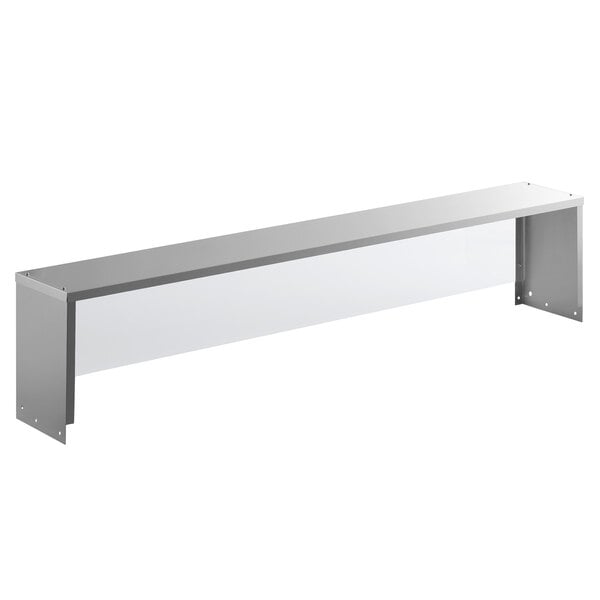 A white metal rectangular Avantco overshelf with clear glass panels.