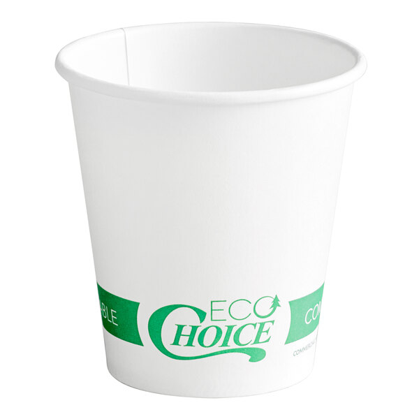 An EcoChoice white paper hot cup with a green label.