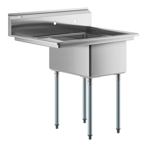 A Regency stainless steel commercial sink with galvanized steel legs and a left drainboard.