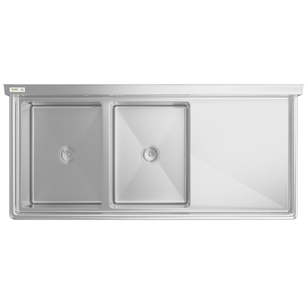 A Regency stainless steel two compartment sink with right drainboard.