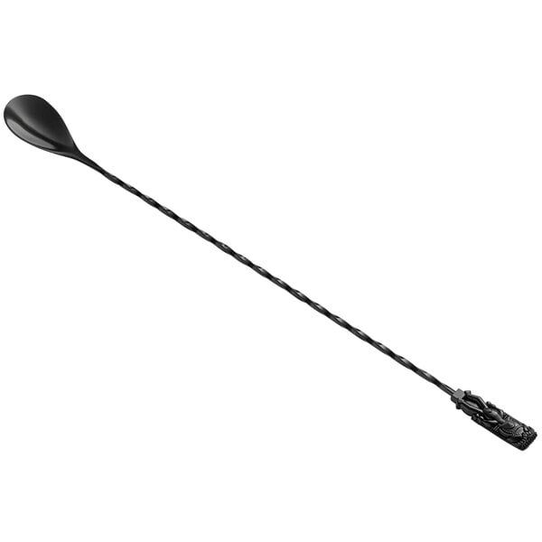 A black bar spoon with a long handle and a tiki end.