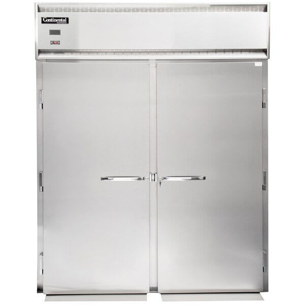 A large silver double door with a handle.