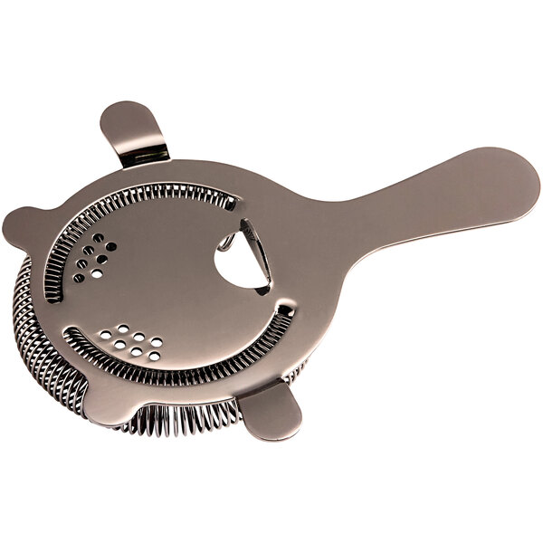 A silver metal Acopa Hawthorne strainer with 4 prongs and holes in it.