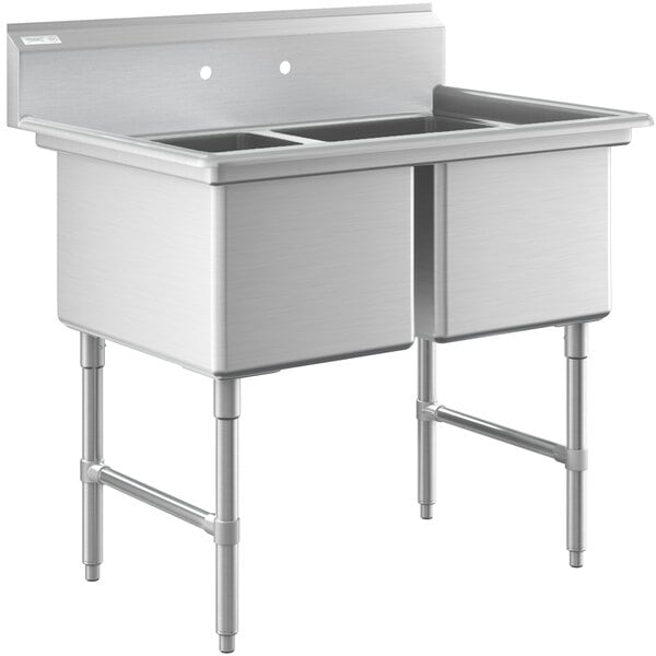 A Regency stainless steel sink with two compartments and stainless steel legs and cross bracing.