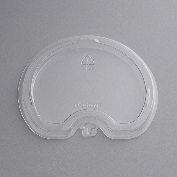 A clear PET plastic container with a triangle logo divider.