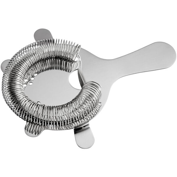 A silver metal Acopa Hawthorne strainer with a handle and 4 prongs.