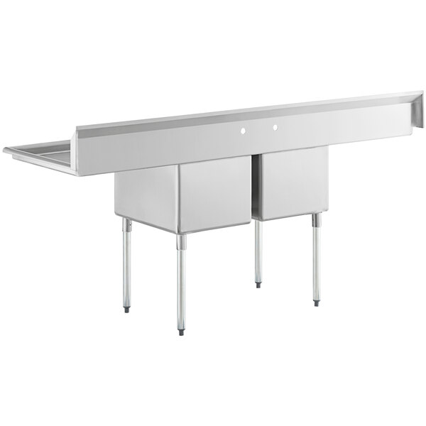 A Regency stainless steel two compartment commercial sink with drainboards.