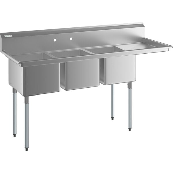 A Regency stainless steel sink with three compartments and a right drainboard.