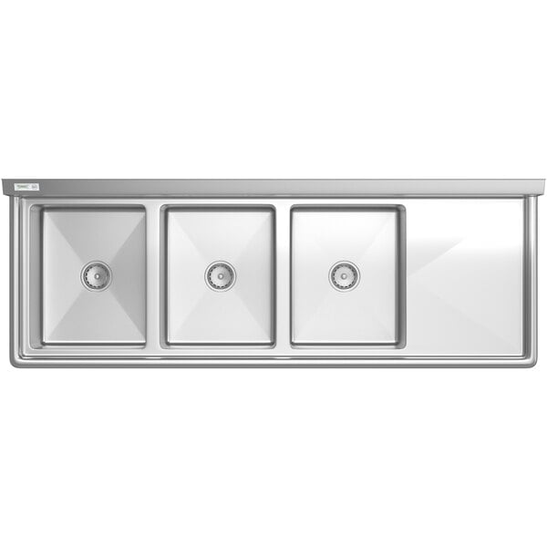 A Regency stainless steel three compartment sink with a right drainboard.