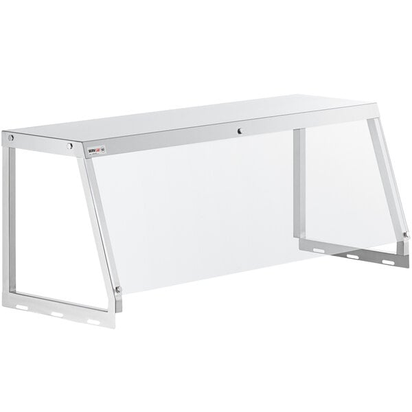 A white table with a clear surface and a ServIt angled sneeze guard.