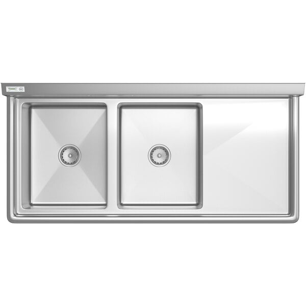 A Regency stainless steel two compartment sink with right drainboard.