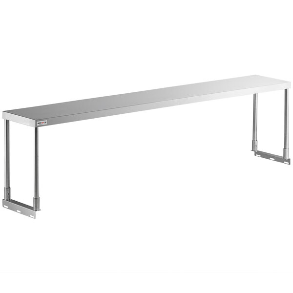 A ServIt stainless steel long rectangular single overshelf with metal legs.
