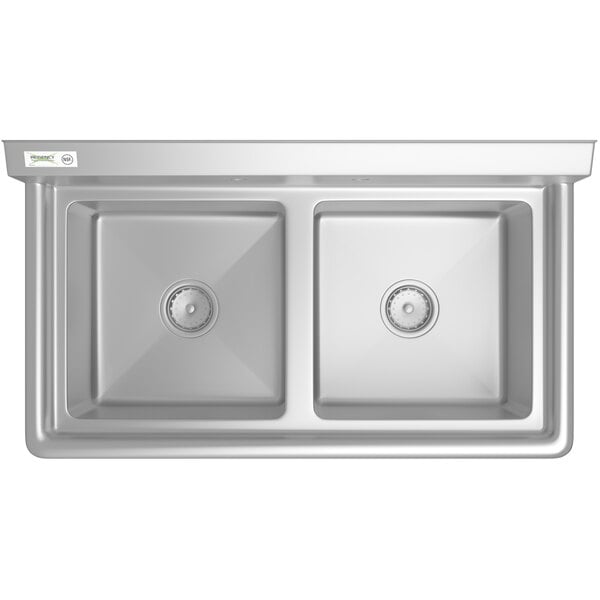 A Regency stainless steel two compartment sink with cross bracing and stainless steel legs.
