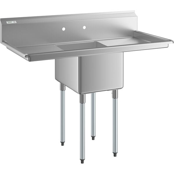 A Regency stainless steel one compartment sink with 2 drainboards and galvanized steel legs.