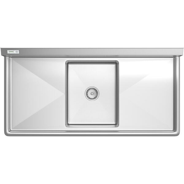 A Regency stainless steel one compartment sink with 2 drainboards and galvanized steel legs.