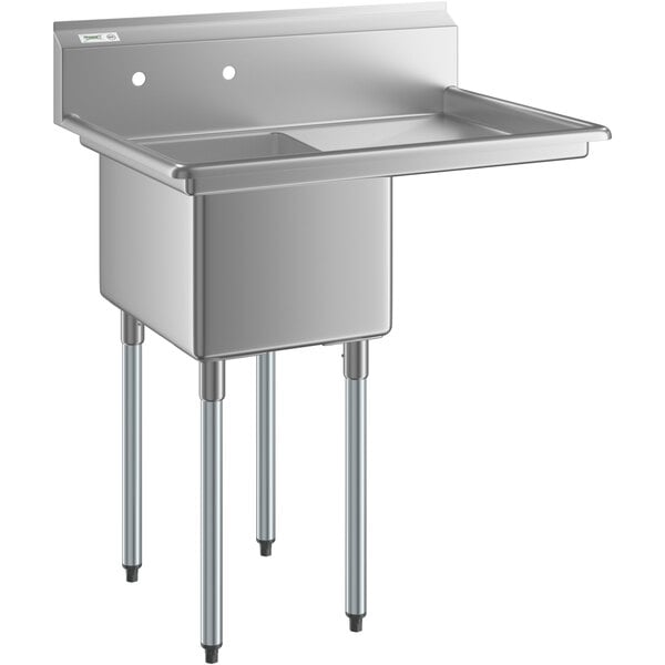 A Regency stainless steel commercial sink with galvanized steel legs and a drainboard.
