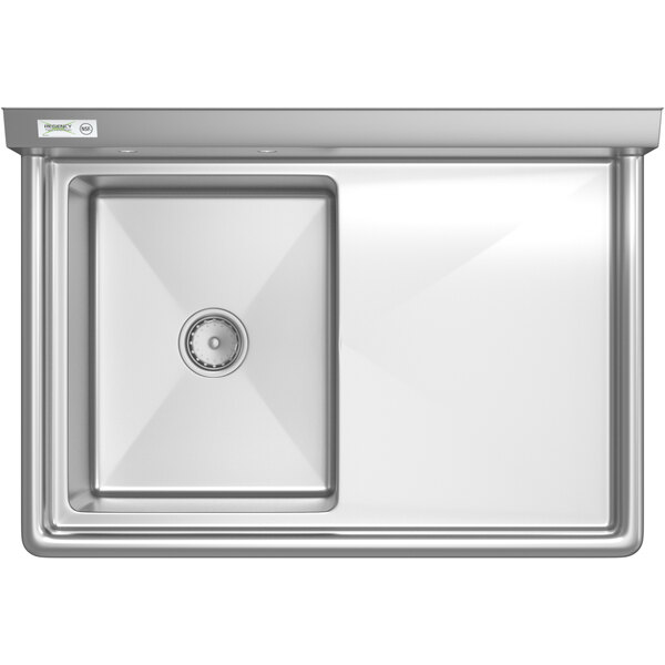 A Regency stainless steel sink with one bowl, drainboard, and drain.