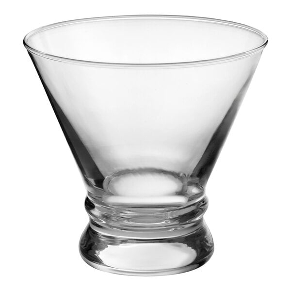 A clear, stemless martini or dessert glass with an 8 oz. capacity.