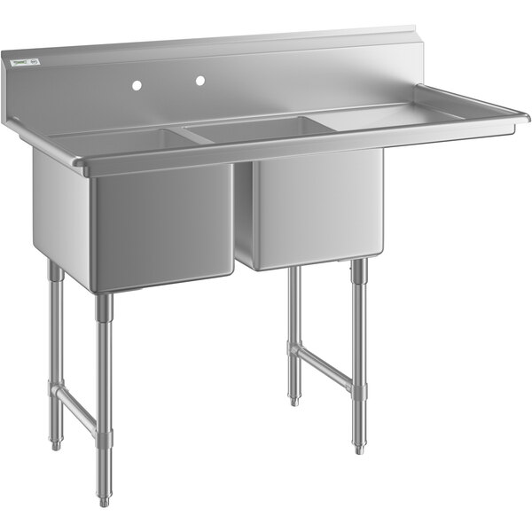 A Regency stainless steel commercial sink with two compartments and a right drainboard.