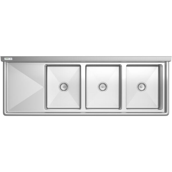 A Regency stainless steel three compartment sink with a left drainboard.