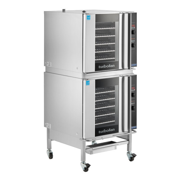A double deck full size liquid propane digital convection oven with steam injection and casters.