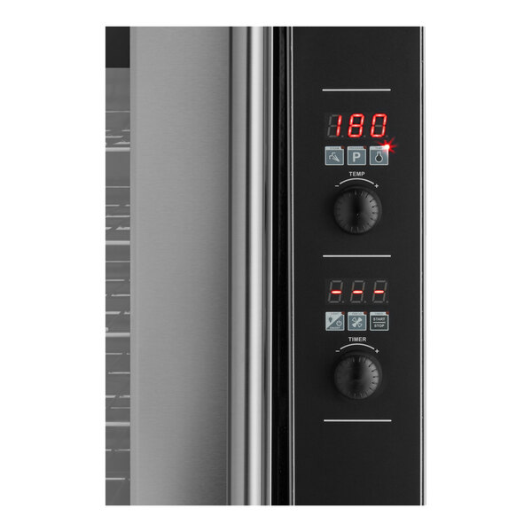 A digital control panel of a commercial convection oven with temperature and timer knobs, LED displays, and function buttons.